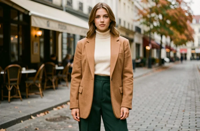 Femme portant un blazer oversize camel et un pantalon large vert forêt dans une rue pavée européenne, tendances mode automne-hiver