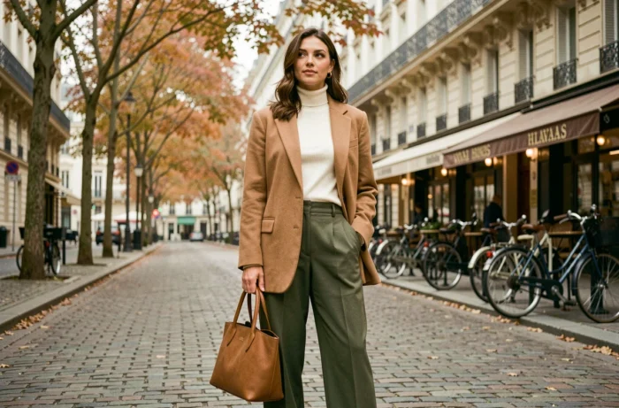 Femme élégante portant un blazer oversize camel et un pantalon large vert olive dans une rue pavée parisienne, tendances mode automne-hiver