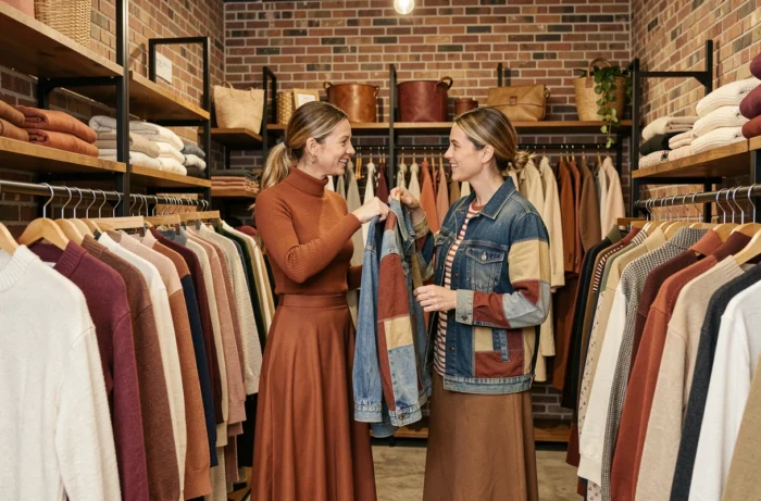 Deux femmes découvrant des vêtements tendance dans une boutique de mode indépendante avec décor en brique apparente, shopping mode saison