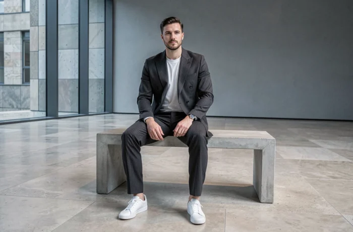 Homme en costume rayé charbon et baskets blanches assis dans un musée d'architecture moderne, style mode masculin tendance