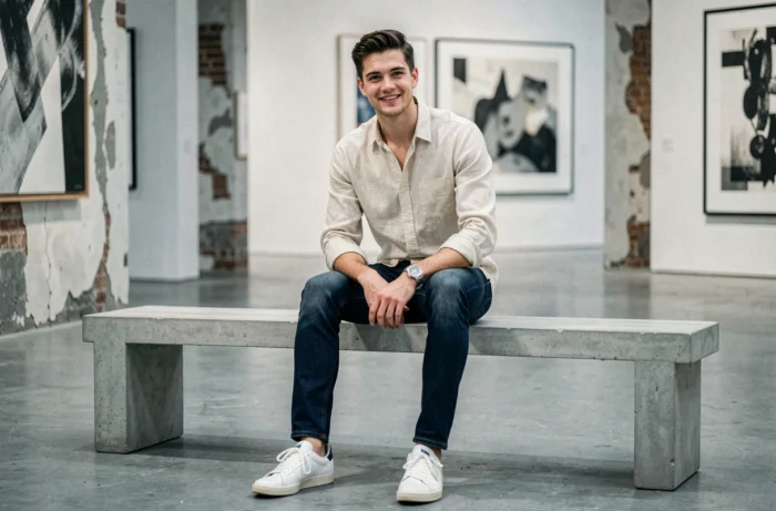 Homme jeune au style décontracté chic en chemise en lin écru et jean indigo dans une galerie d'art contemporaine, mode masculine tendance