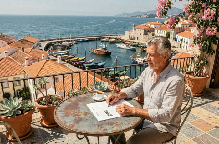 Terrasse panoramique d'une maison de pêcheur restaurée à Cascais avec vue sur le port et l'Atlantique