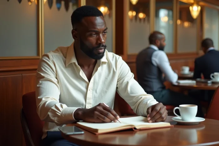 Homme d'affaires prenant des notes dans une brasserie parisienne chic, évoquant les décisions financières personnelles de Tony Parker