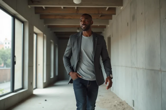 Homme d'affaires sportif inspectant un bien immobilier en rénovation, symbole des investissements liés à la vie privée de Tony Parker