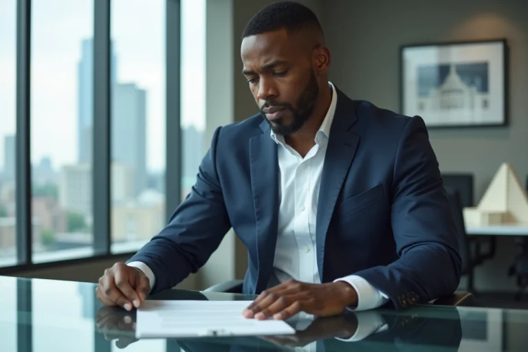 Tony Parker en costume d'affaires dans un bureau exécutif moderne, illustrant l'influence de sa vie privée sur sa fortune