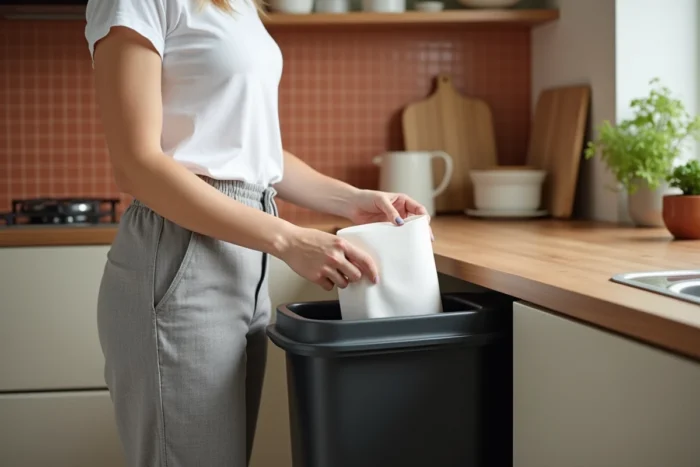 Femme utilisant une poubelle à pédale dans une cuisine scandinave moderne en jetant un déchet