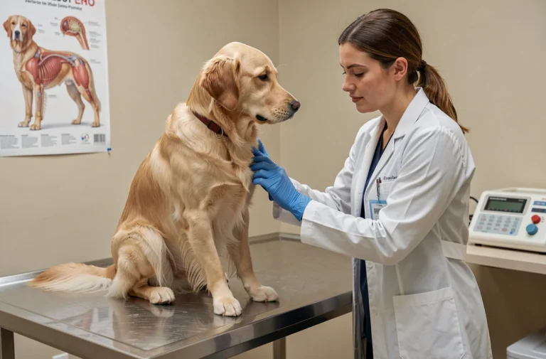 Vétérinaire examinant la zone anale d'un golden retriever sur une table d'examen en clinique vétérinaire