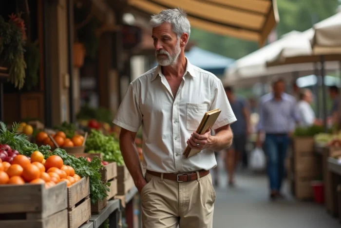 Homme professionnel observant un marché local avec un carnet à la main, symbolisant comment les expériences du quotidien et la vie privée nourrissent une vision professionnelle affûtée