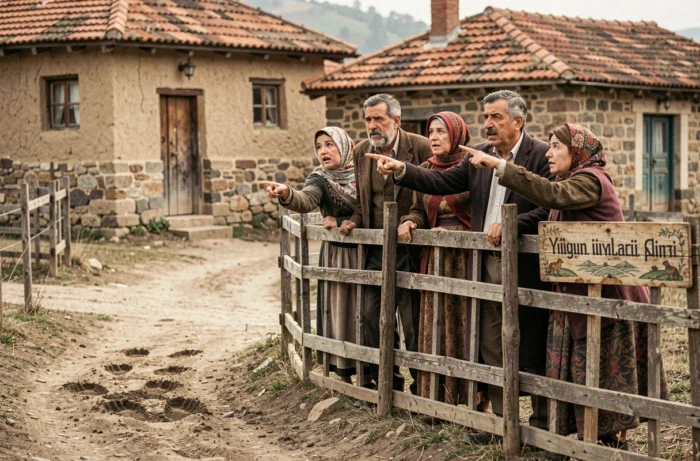 Villageois turcs admirant les traces d'un sanglier légendaire dans un village rural d'Anatolie, scène authentique et pittoresque