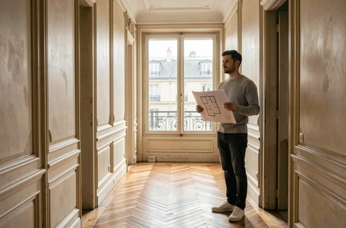 Homme visitant un appartement haussmannien vide avec plan en main lors d'une recherche de logement à Paris
