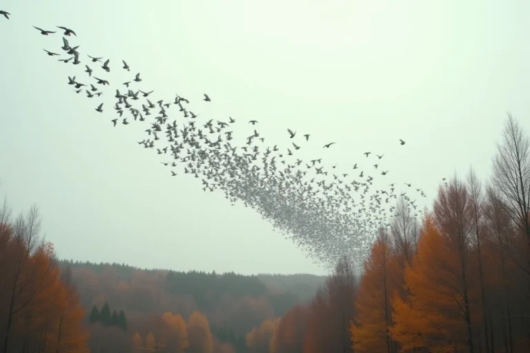 Vol de palombes en migration automnale au-dessus des forêts de pins des Landes en France