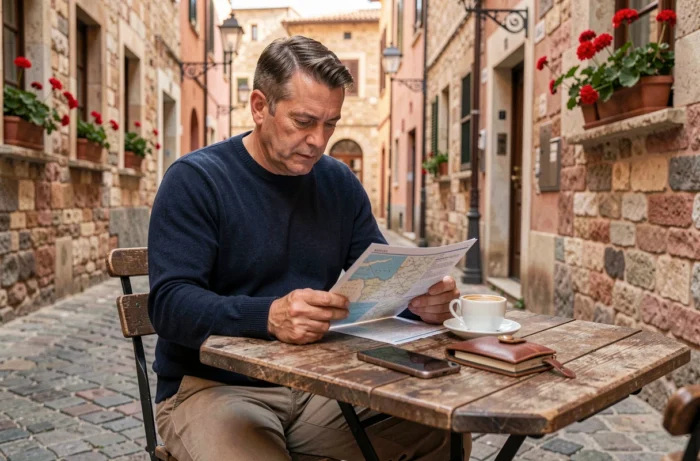 Männlicher Reisender plant seine Route in einem Café einer historischen europäischen Stadt, neue Trends im Tourismus
